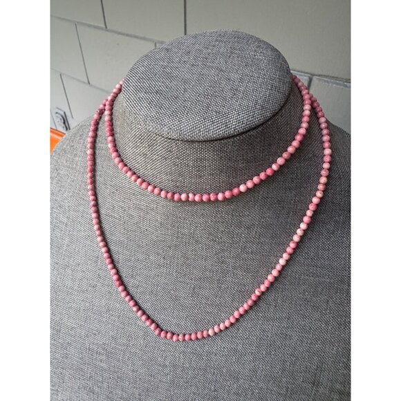 Pink Rhodochrosite Beaded Necklace 36" Long Round Stone Beads Womens Jewelry Boh - Picture 1 of 5
